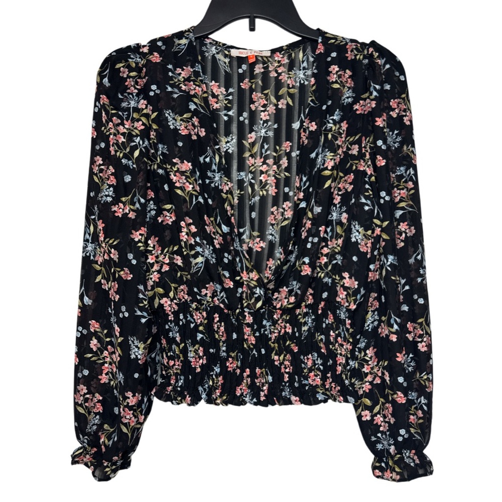 Mele & Pere Black Pink Puff Sleeve Ruffled Blouse Ditsy Floral Ruched - Size S